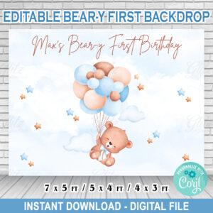 Bear-y First Birthday – Boy – Editable Backdrop