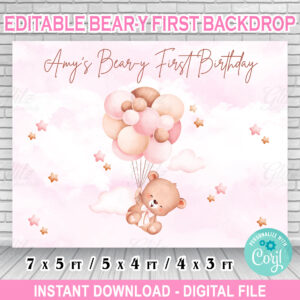 Bear-y First Birthday – Girl – Editable Backdrop