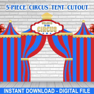 5-Piece Red & Blue Circus Tent Cutout Backdrop – Editable – 11x8ft