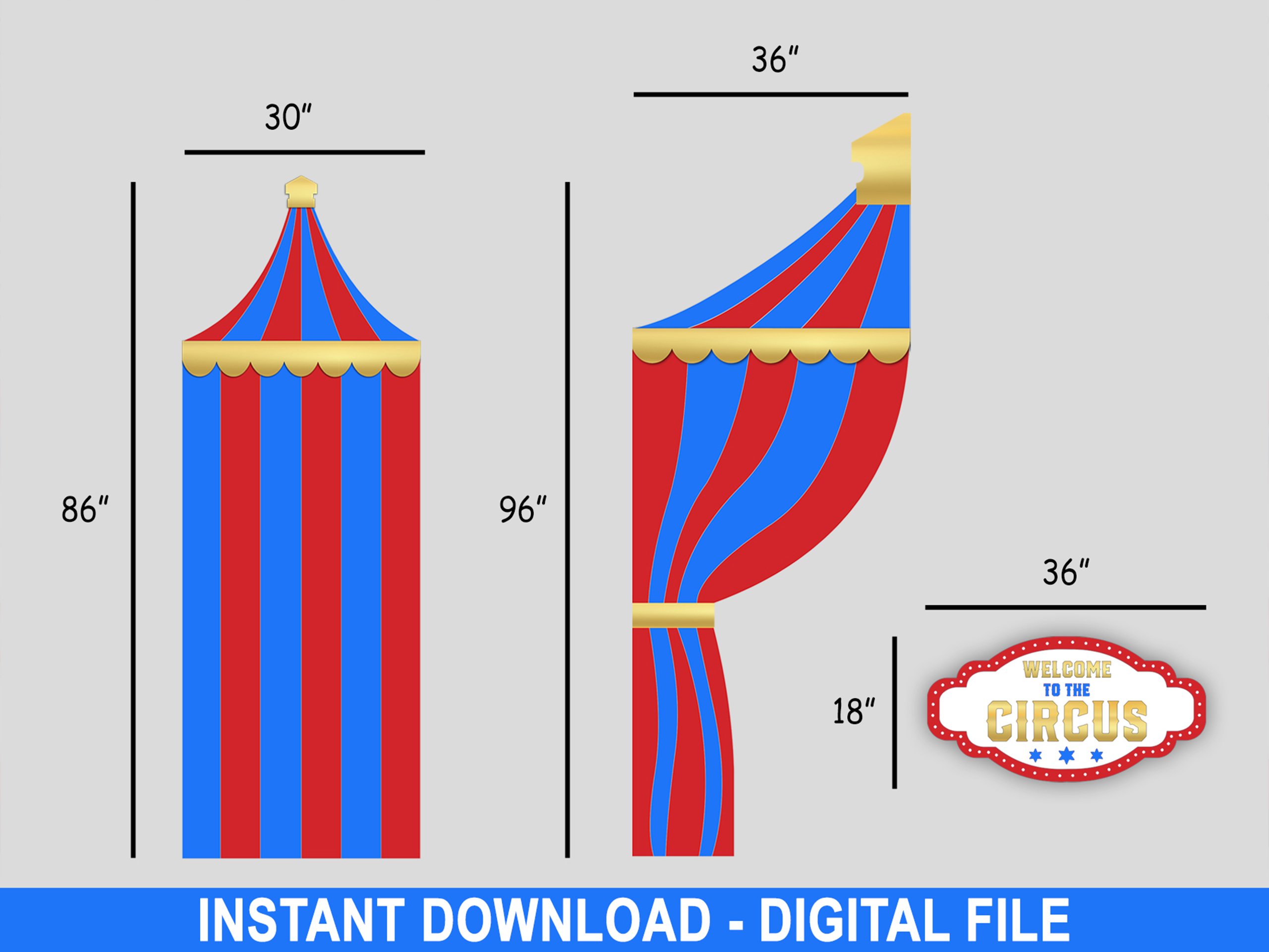 5-Piece Red & Blue Circus Tent Cutout Backdrop – Editable – 11x8ft - Image 2