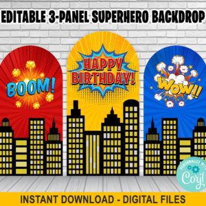 3–Panel Superhero Arch Backdrop – Comic Book Style – Editable
